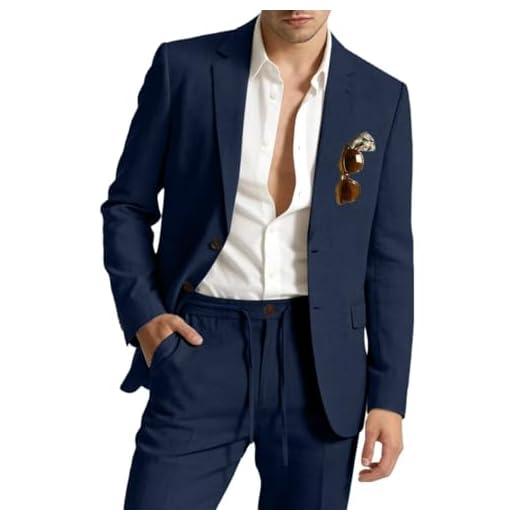 Terno masculino de linho retrô de 2 peças para homens, blazer slim fit, conjunto de calça com cordão, conjunto de smoking, verão, praia, casamento, Azul marinho, PP
