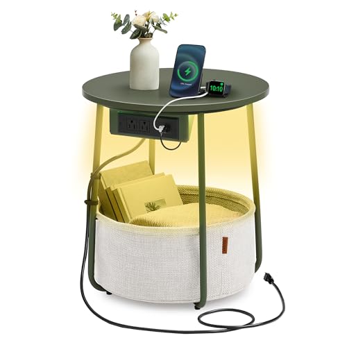 Image of VASAGLE LILEA Collection - Side Table with Charging Station, Round End Table with Fabric Basket, LED Nightstand with USB Ports, Modern, for Living Room, Forest Green and Cream White ULET227C01