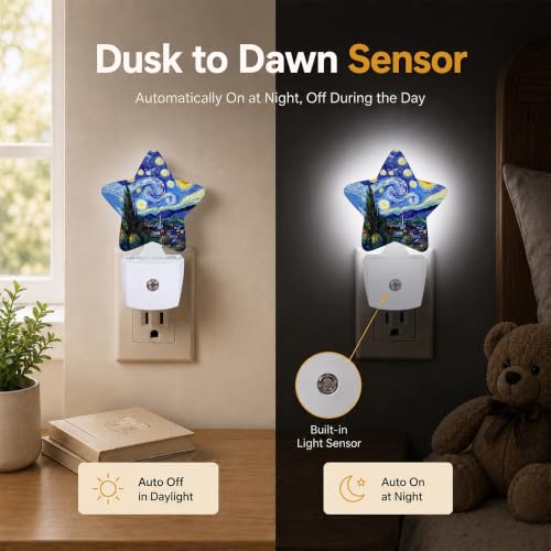 Image of Abstract Oil Painting Star Night Light Plug in, Soft Glow Night Light for Kids Bedroom Nursery, Gentle Warm Light for Sleep, Compact Lamp for Hallway Bathroom