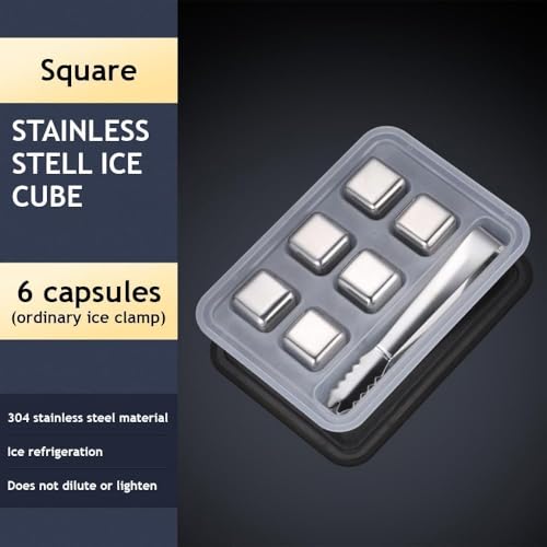 Image of 6 Stainless Steel Whiskey Stones Ice Cubes with Tongs & Container - Food Grade Quick-Frozen Ice for Red Wine, Whiskey, Cocktails - Reusable Metal Ice Cubes for Chilling Drinks (6 PIC)