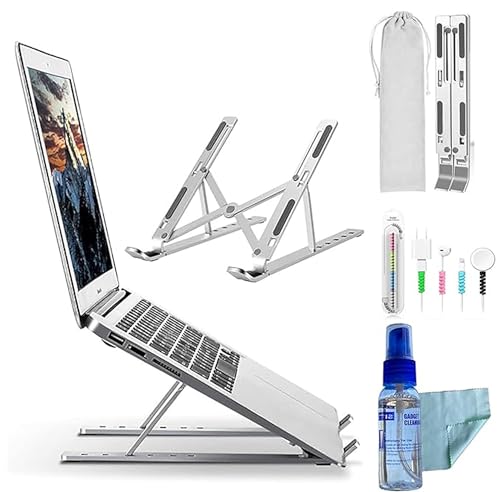 Sounce Adjustable Laptop Stand Combo with 3 in 1 100ml Cleaning Set & Cable Protector Spiral, Aluminum Foldable Ventilated Portable Holder for up to 15.6 inch Laptops, Mac (with Carry Pouch) – Silver Sounce Adjustable Laptop Stand Combo with 3 in 1 100ml Cleaning Set & Cable Protector Spiral, Aluminum Foldable Ventilated Portable Holder for up to 15.6 inch Laptops, Mac (with Carry Pouch) – Silver