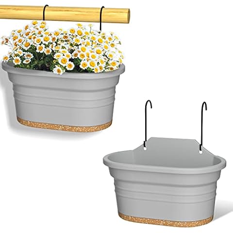 ZMTECH 2 Pack Hanging Planters Indoor Outdoor Wall Hanging Plant Pot Rectangular Flower Pot with Drainage Holes Saucer for Balcony Garden Fence Decor with 2 Hooks(Light Grey) Cover