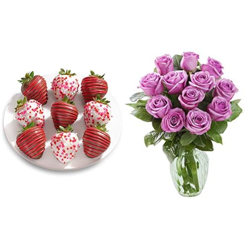 Valentine's Day Purple Roses & Love Bites Berries Bundle | KaBloom 12 Farm-Fresh Long-Stem Purple Roses with Vase & A Gift Inside - 9 Fun Size Chocolate Dipped Strawberries