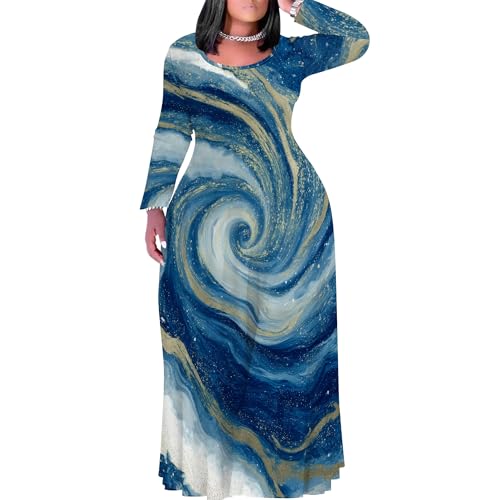 Image of PinkPatty Plus Size Maxi Dress for Curvy Women Crew Neck Long Sleeves Casual Dress Vacation Sundresses with Pockets