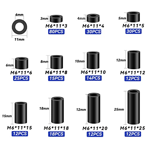 Neng-Q 260 Pcs Nylon Round Outlet Spacers ID 6.2mm,OD 11mm, 3mm 4mm 5mm 6mm 8mm 10mm 15mm 18mm 20mm 25mm Length, Assortment Kit Without Threaded, Suitable for M6 Screws Hardware Spacer Bracket