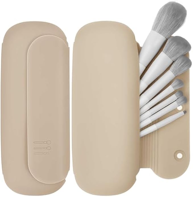 Travel Makeup Brush Holder,Silicon Portable Cosmetic Face Brushes Holder with Built-in Brush Cleaner,Upgrade Travel Essentials Makeup Brush Case,Makeup Tools Organizer for Travel, (Navy Blue)