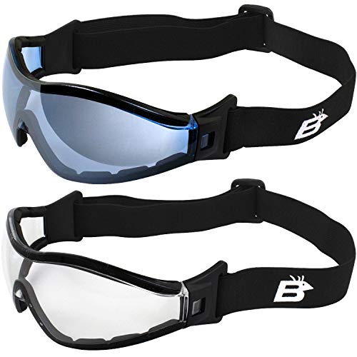 Birdz Eyewear Boogie Black Foam Padded Motorcycle Ski Skydiving Safety Goggles 2 Pairs Black with Clear & Blue Mirror Anti-Fog Lenses