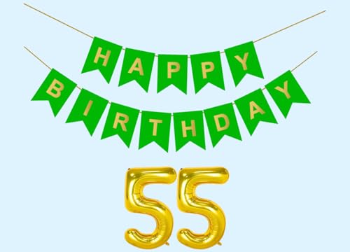 Image of 55th Happy Birthday Decoration Kit Green for 55 year Old Men Women with Number Fifty-fiveParty Decorations Decor Celebration Items Item Set Combo Reusable Paper Banner