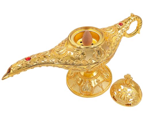 Aonfubu Vintage Aladdin Genie Lamp Cone Incense Holder Legend Magic Lamp Incense Burner Arabian Costume Props Wishing Light for Home Decor Birthday Party Wedding Gold