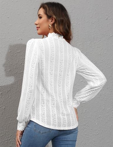 Micoson White Lace Blouses For Women Dressy Casual Stretch High Neck Lace Sweater Top And Blouses White M thumb #3