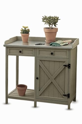 Potting Bench Table Wooden Planting Bench Table with Cabinet and Drawers Metal Surface Work Station Bench with Hooks and Shelf Wood