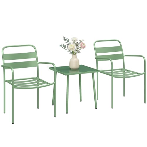 Outsunny Ensemble Bistrot de Jardin 3 Pièces - Table Basse en Verre Trempé et 2 Chaises à Lattes, Cadre en Acier Galvanisé Antirouille - Mobilier de...