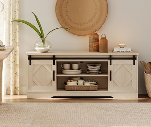 Image of WAMPAT Farmhouse Style TV Stand for 55-65 inch TV w /Distressed Wood Finish