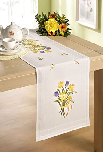 Daffodils 40X100CM Printed Table Runner Embroidery KIT, White, 40x100 centimeters
