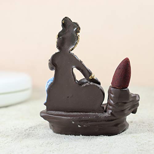 Image of CRAFTAM PolyResin Krishna Smoke Fountain Backflow Waterfall Cone Incense Holder Showpiece Statue with 10 Back Flow Incense Cones (Blue)