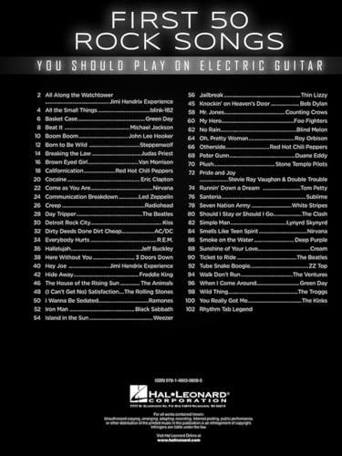 first 50 songs you should play on electric guitar  rock guitar tab songbook for beginners and intermediate players  learn classic rock riffs solos and chords from nirvana metallica queen and more