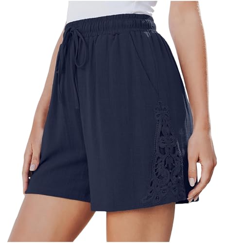 BFSWL Pantalones cortos de verano para mujer, ligeros, de cintura alta, para el tiempo libre, bermudas, pantalones cortos, cintura elástica, pantalones cortos, pierna ancha, pantalones de playa