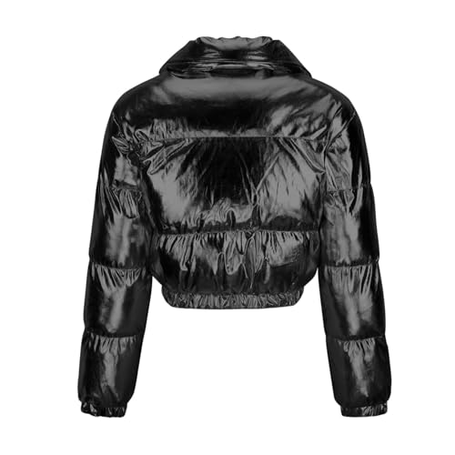 Women's Y2K Cropped Puffer Jacket Quilted Shiny Winter Bubble Padded Puffy Coats Stand Collar Zip Up Outerwear4