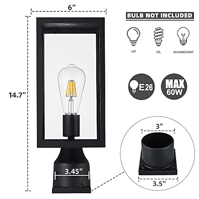 Large 15 inch Outdoor Post Light,Waterproof Cast Aluminium Lamp Post Light Fixture,Post Lantern with Pier Mount Base,Matte Black,Suitable for Garden,Yard,Driveway,etc