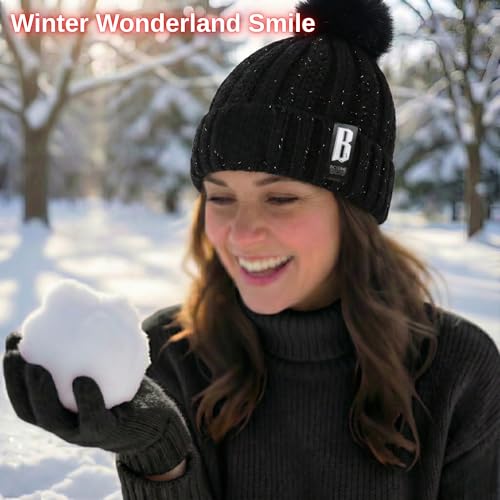 Image of Kraptick Women's Winter Cap - Knit Beanie with Soft Fleece Lining Hat, Stylish Pom Pom Thick Woollen Skull Cap, Warm Hat for Ladies & Girls -3