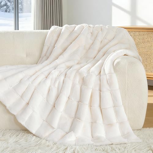 Touchat Faux Fur Throw Blanket, Luxury 1000GSM Ultra Thick Warm Rabbit Blanket for Couch Bed Sofa, 3D Checkered Pattern Soft Winter Heavy Minky Fluffy Blankets for Women Christmas Birthday Gift, White — view 6