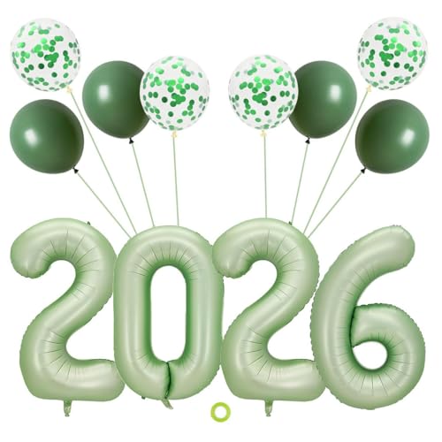 Jxuzh Olive Green New Year's Eve Decoration Set 2026, Foil Balloons Set 2026 Balloon Set New Year's Eve Olive Green XXL Foil Number Balloon 2026 (80 cm) + Latex & Glitter Balloons Decoration for New