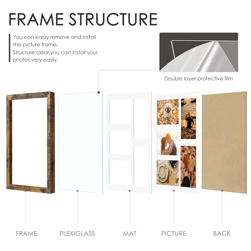 Image of DUENPY 11x14 Collage Picture Frame, 4x6 Collage Picture Frame, Displays Five 4x6 inch Photos, or 11x14 (Without Mat) Wall Decor Wall Hanging or Tabletop, Brown.