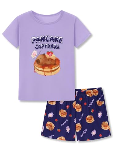 Beezizac Girls Pajamas Purple Pancake Capybara Print Cute Summer Short Sleeve PJs Comfortable Sleepwear for Kid Size 8
