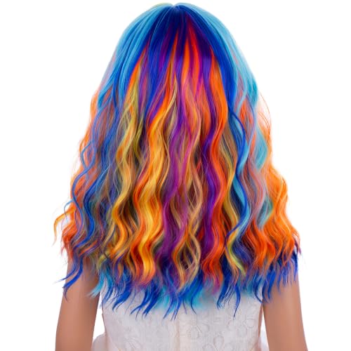Image of Colorful Wig Child Short Rainbow Wavy Curly Wigs Colorful Wig with Air Bangs Synthetic Cosplay Hair Wigs