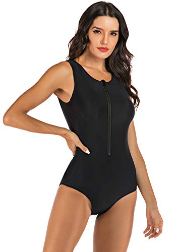 Yateen Womens Rash Guard Zip Front Sleeveless One Piece Swimsuit Black thumb #1