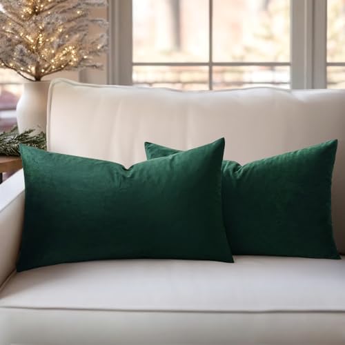 Slozzi Set of 2 Velvet Cushion Covers Home Plain Decorative Throw Pillow cases 12x20 Inch 30x50 cm Soft Square Pillow Covers for Sofa Bedroom Dark Green