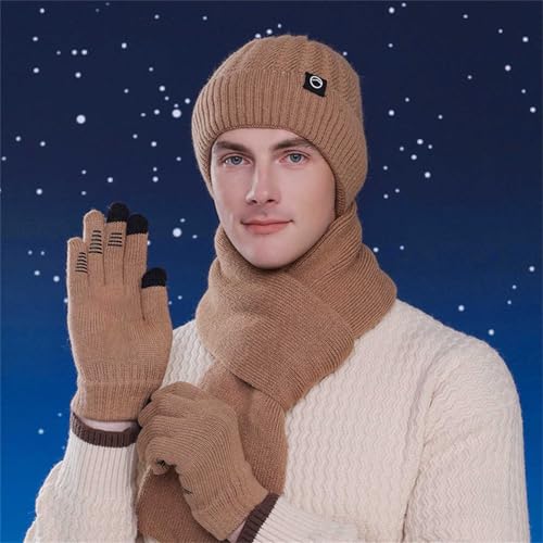 Winter Warm Hat Scarf and Touchscreen Gloves Set, Knitted Pom Beanie Hat Neck Warmer Long Scarf Winter Gloves (Khaki, One Size)2