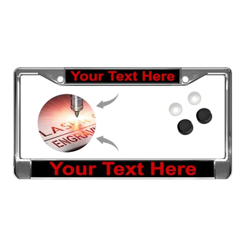 Image of Custom Personalized Chrome-Plated Metal Laser Engraved Standard Size - Car /Automobile License Plate Frame with Free caps - Black /Red Text (Qty: 1 Frame)