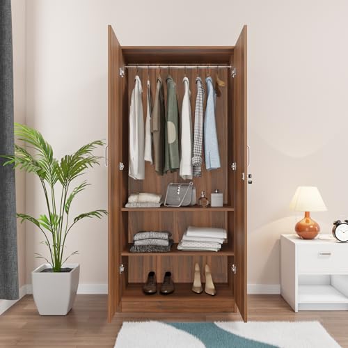 Image of VIKI Wardrobe | Mawlynnong Wardrobe | Wooden Almirah for 2 Door Wardrobe with 2 Shelves & Hanging Space (Brussel Walnut - 40D x 80W x 180.8H) | 1 Year Warranty | Free Assembly