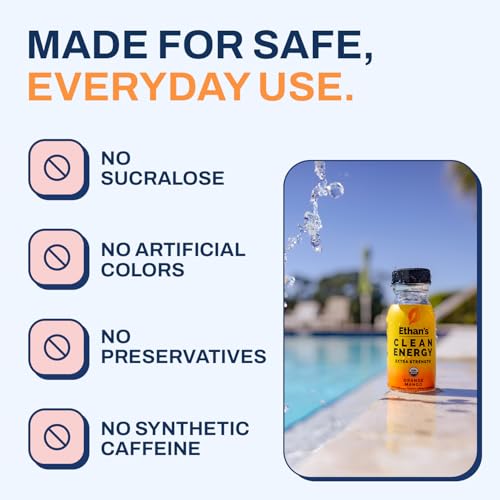 Image of Ethan's Organic Clean Energy Shots Orange Mango Extra Strength, 2 Pack of 2oz | 200mg Caffeine | Green Tea, Guayusa, Lion's Mane & Cordyceps | Sugar-Free, Vegan, Gluten-Free, USDA Organic