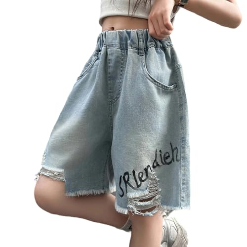 Short en jean d'été pour filles à jambes larges avec coupe droite et effet usé confortable