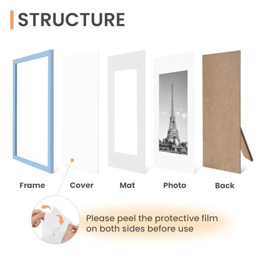 Image of upsimples 8x10 Picture Frame Set of 5, Display Pictures 5x7 with Mat or 8 x 10 Without, Wall Gallery Photo Frames, Blue