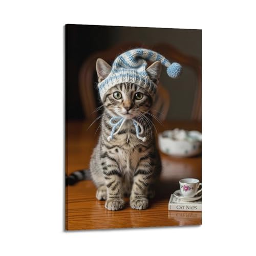 Toile chaton tigré et bonnet tricoté tableau tendresse maison 50 x 75 cm
