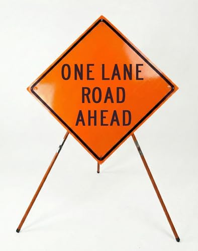 Traffic Roll-Up Sign Kit with Stand – 36 Inch Roll-Up Safety Sign & Portable Tripod Stand, High Visibility, Easy Setup (One Lane Road Ahead, Non-reflective)