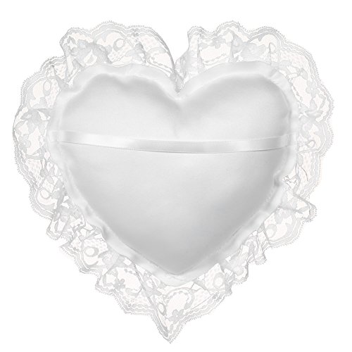 Baugger - 7 * 7 polegadas de renda branca de cetim coração casamento anel portador travesseiro cerim