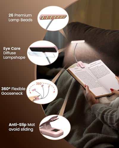 Image of Glocusent 26 LED Book Light, 1200 mAh 90 Hrs Lasting Rechargeable Reading Light, 5 Amber Colors & Stepless Dimming Book Reading Light - Portable Clip on Light for Book Lovers Kids-Pink