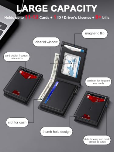 Image of Wallet for Men RFID Blocking Minimalist Card Holder Wallet for 12-14 Cards | Slim Bifold Smart Wallet with ID Window & Cash Slot, Front Pocket Compact Metal Credit Card Case, Birthady Gifts for Men