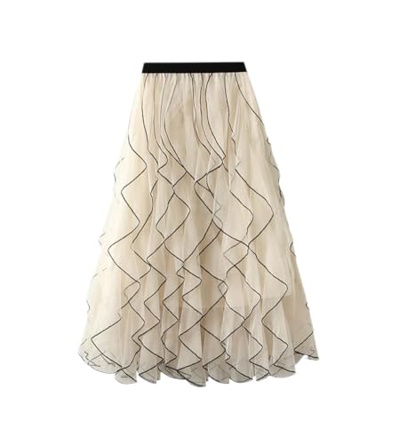 Women Ruffle Tulle Skirt Elastic High Waist Mesh Skirt Casual Midi Long Pleated Skirts