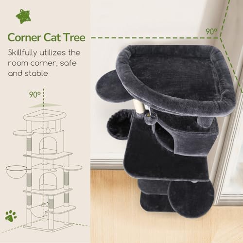 Image of Globlazer Corner Cat Tree for Large Cats, 66inch Tall Curved Series Large Cat Tower for Multiple Indoor Cats with 6 Scratching Posts, 2 Spacious Cat Condos, Hammock, Hanging Basket, C66, Dark Grey