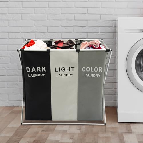 Cesto para la ropa sucia con 3 compartimentos, plegable, organizador vertical de lavandería, de metal, 138 l, clasificador de ropa grande para baño y dormitorio