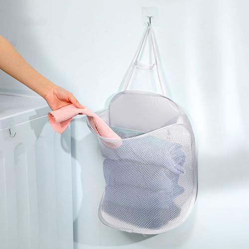 HoAhaMay 2 Stück Hängender Wäschekorb, Wand-Wäschekörbe Faltbarer Mesh Laundry Basket Aufbewahrungskorb auf die Lagerung Pop-Up-Mesh Wäschekorb für Zuhause, Hotel, Reisen, Camping (Weiß/Grau)