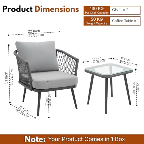 Image of DEVOKO Rope & Iron 3 Piece Patio Garden Outdoor Rope Bistro Set Handwoven Furniture With All Weather Cushioned Chair & Table For Balcony, Lawn, Backyard, Pool (Grey)