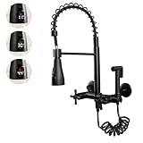 JPHOMES Wall Mount Kitchen Faucet with Pull Out Sprayer, 8 Inch Center 2 Handles Commercial Sink Faucet with Temperature Display Head for Kitchen, Matte Black