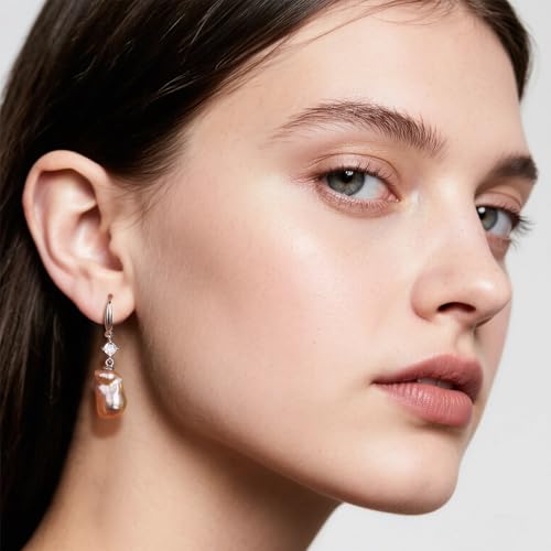 YAMI Baroque Pearl Earrings Drop & Dangle, Freshwater Cultured Pearls with 5A Cubic Zirconia, 925 Sterling Silver Hoop Earrings Hypoallergenic, Jewelry Gifts for Women2