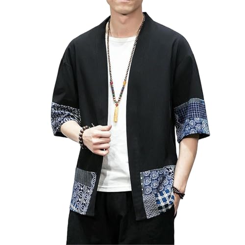 Chemise style japonais homme patchwork en coton mélangé haut ouvert coupe ample confortable